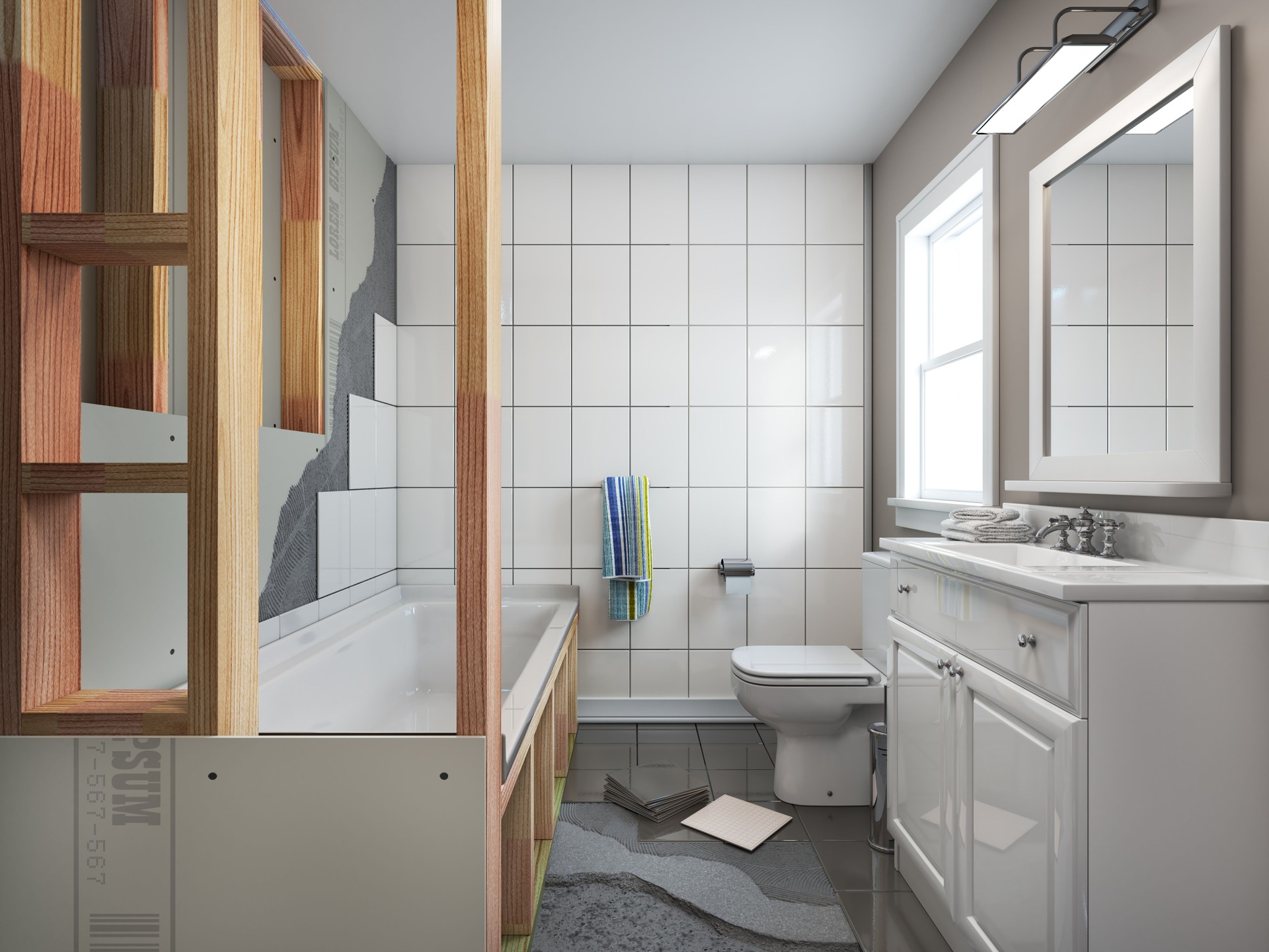Bathroom repair with flooring, tile installing and bath installation
